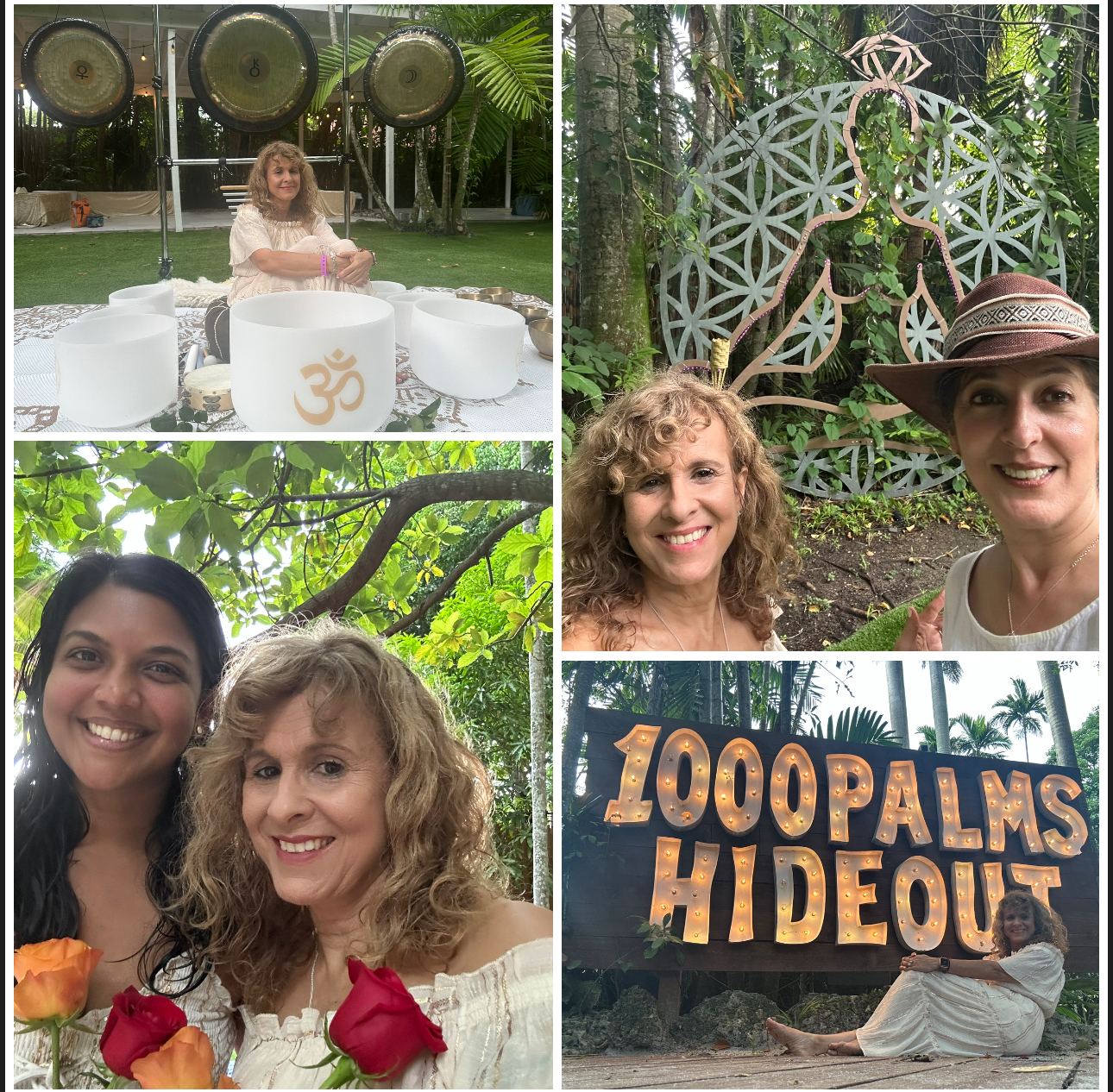 Diana with crystal bowls and planetary gongs at an outdoor sanctuary sound journey