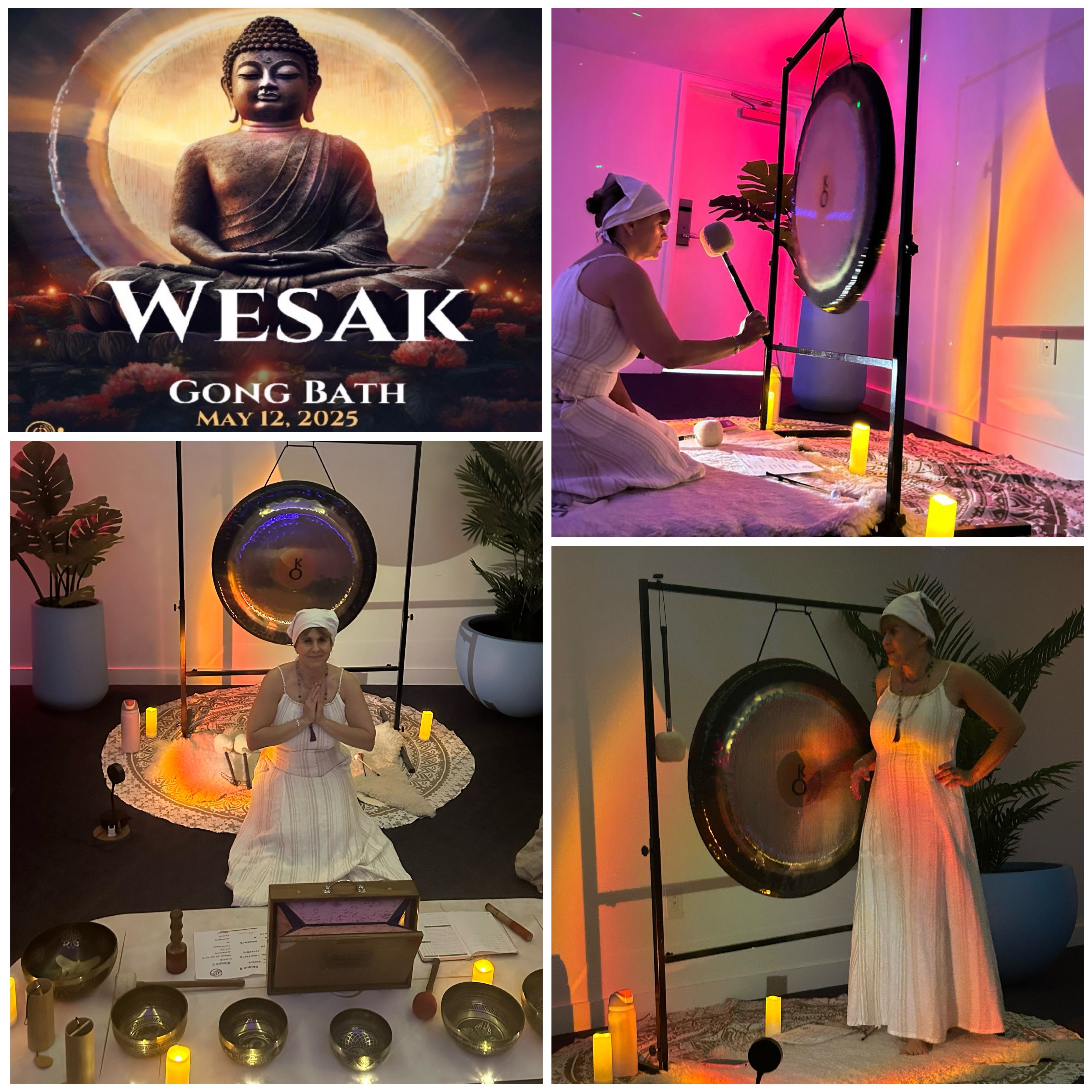 Wesak Gong Bath celebration collage showing Diana playing the Chiron gong, meditating, and arranging singing bowls by candlelight