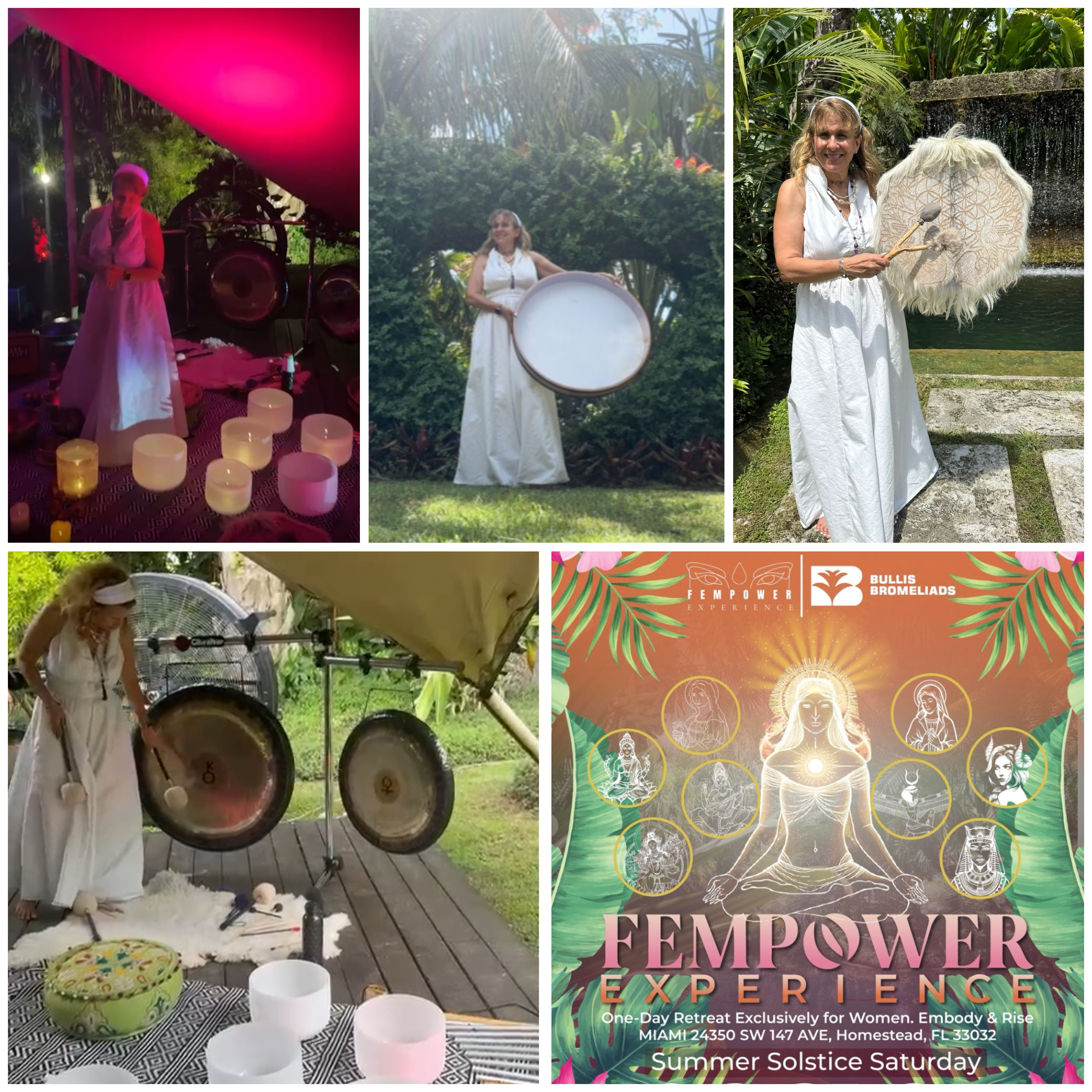 Diana playing gongs, crystal bowls, and ceremonial drums at a women’s retreat in Homestead
